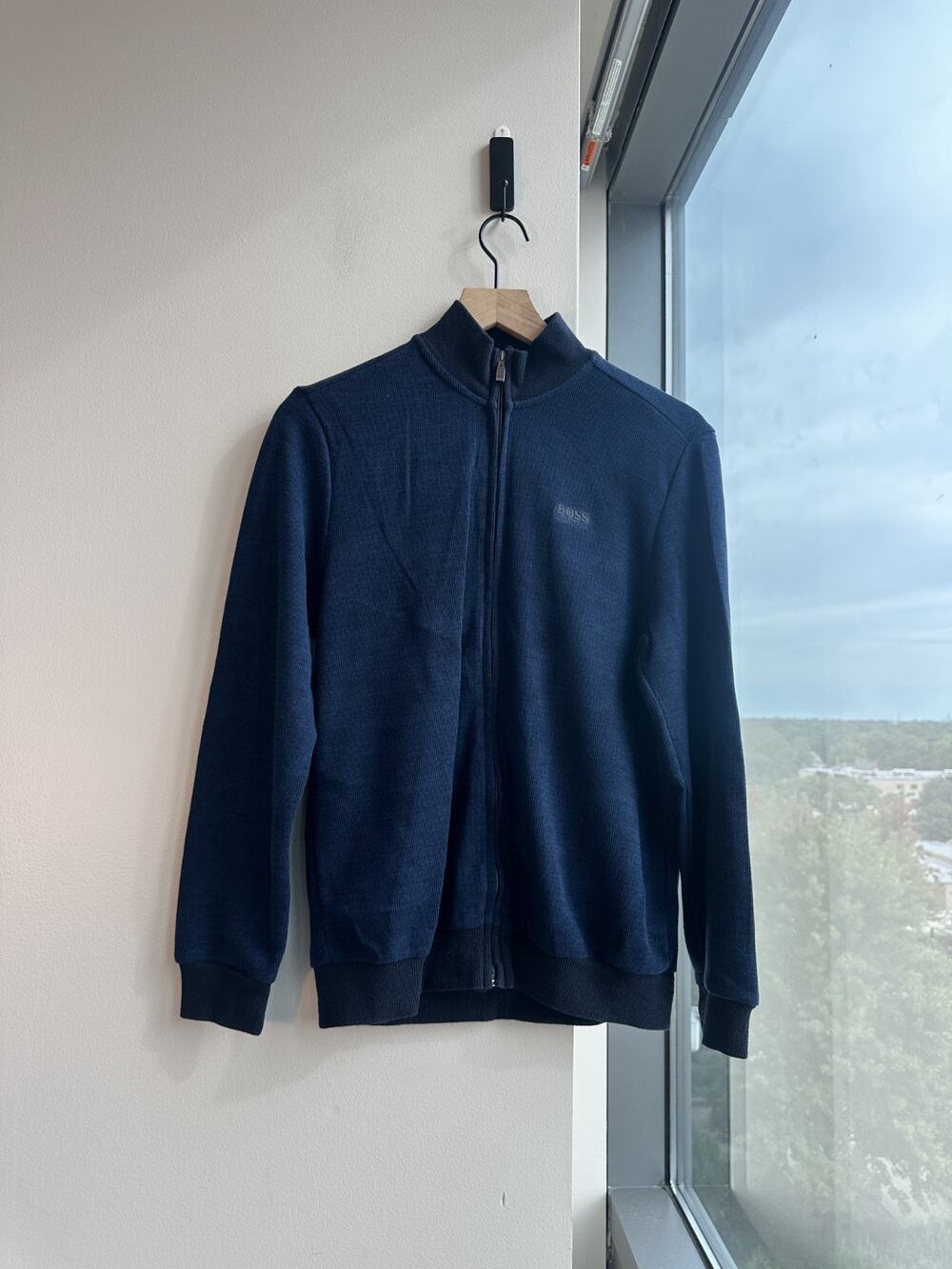 Hugo Boss Blue Full Zip Ribbed Knit Cardigan Sweater Sz S